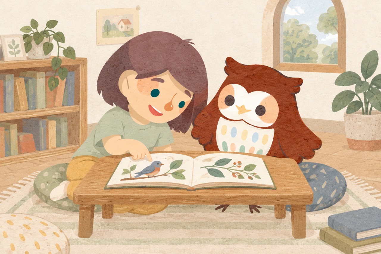 孩子與小鷹坐在矮桌旁一起看繪本,孩子指著書上的小鳥。