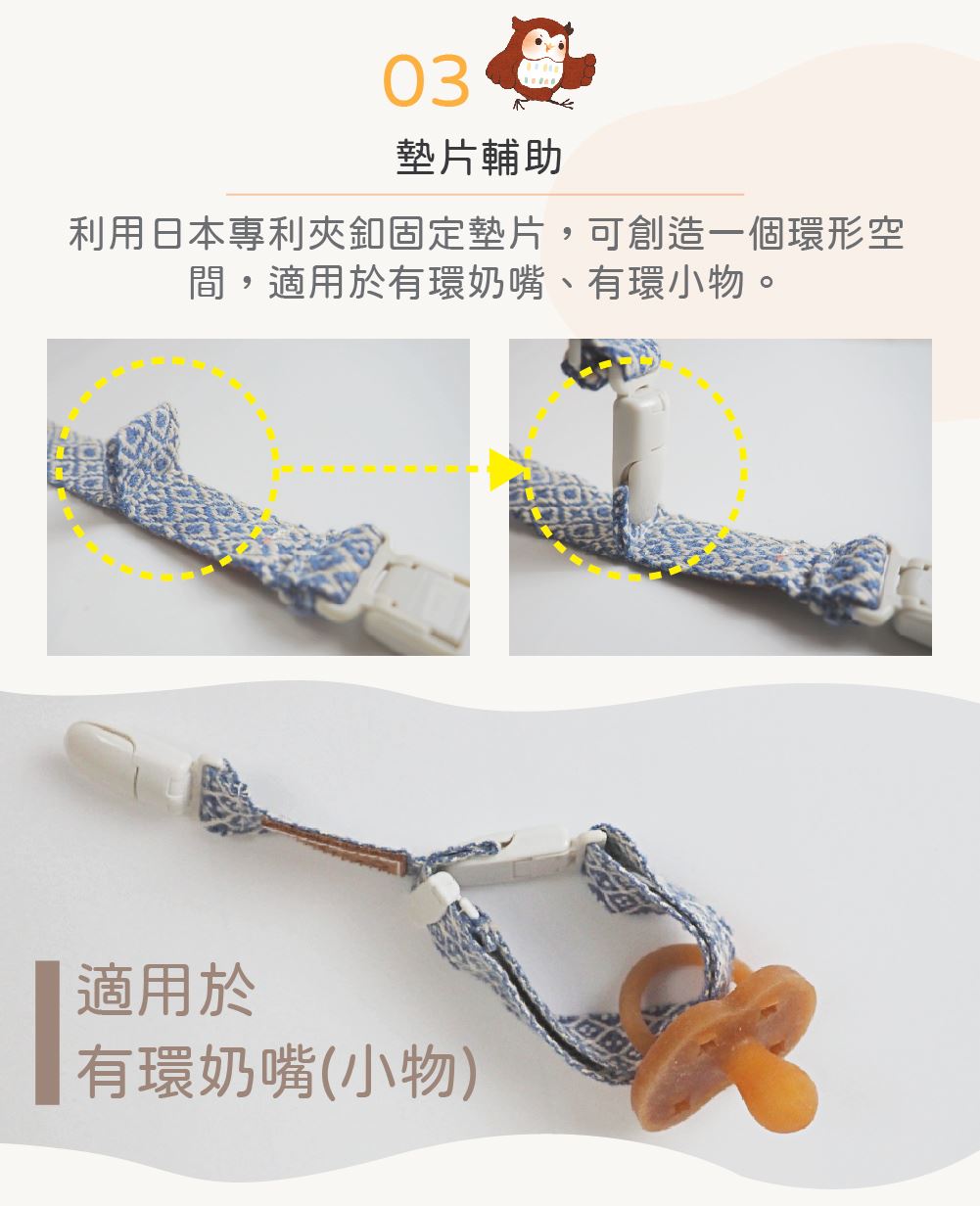 長夾末端墊片與有環奶嘴的穿環固定示意