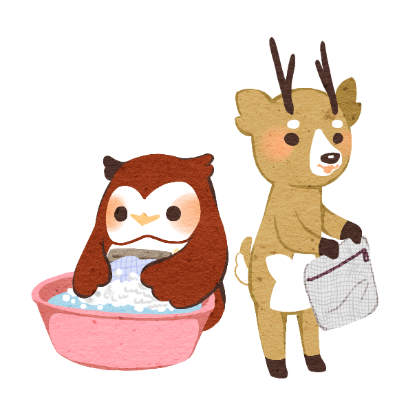 小鷹洗布品、小鹿在旁幫忙的原創插畫