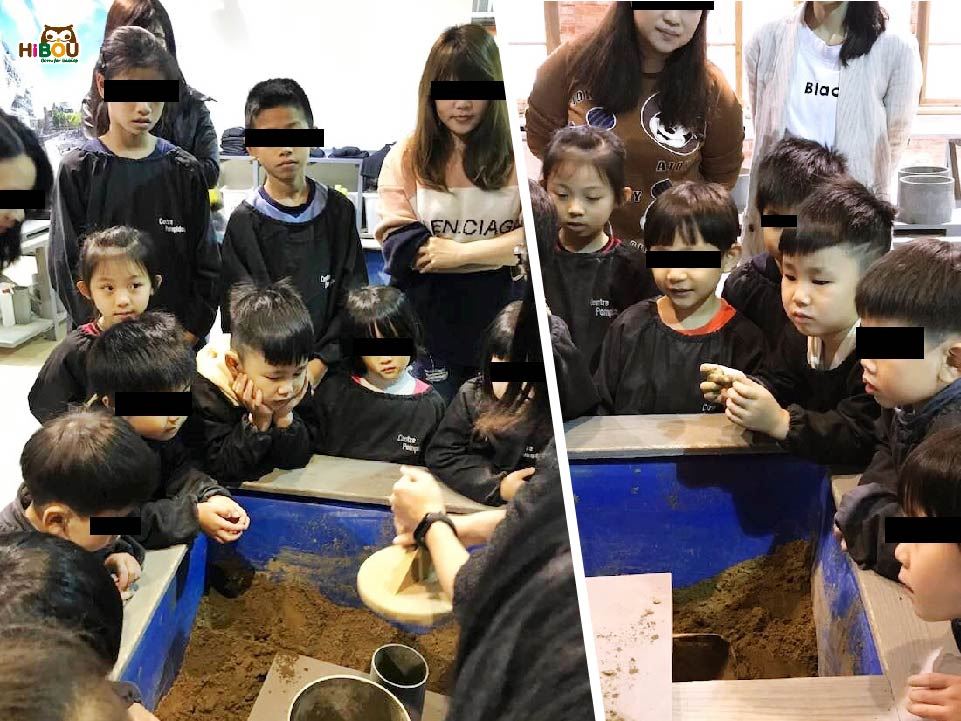 創意沙雕│兒童藝術坊-孩子們看老師示範作沙雕的基本動作、工具介紹